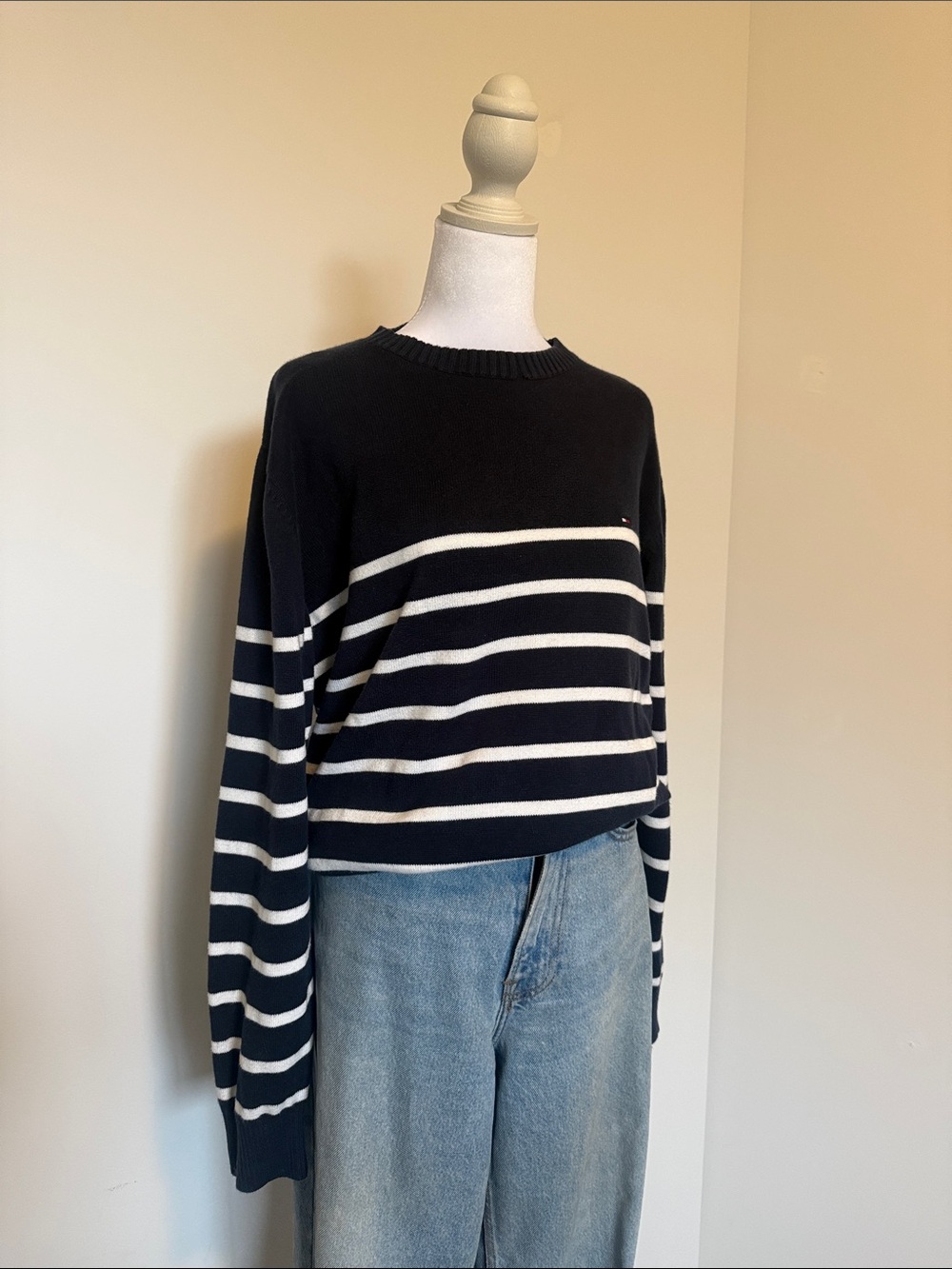 Tommy Hilfiger Striped Navy and White Crewneck Sweater